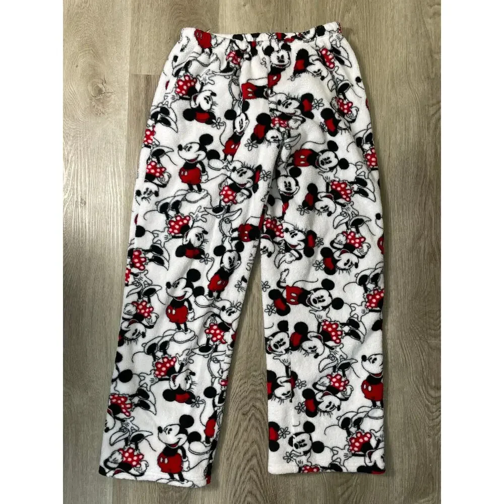 Disney Mickey Minnie Women S Fleece Pajama Set V-Neck Top Print Pants Sleepwear - Picture 3 of 8